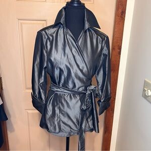 Zara Basic Dark Gray Satin wrap blouse 3/4 sleeve w/ cuff and button Women’s Med